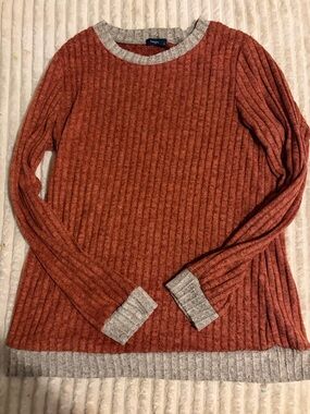Sampeel Cozy Ribbed Crew Neck Sweater in Rust with Gray Trim